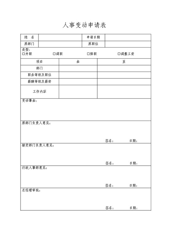 word模板-人事变动申请表
