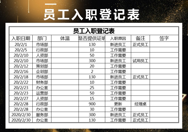 excel模板-员工入职登记表