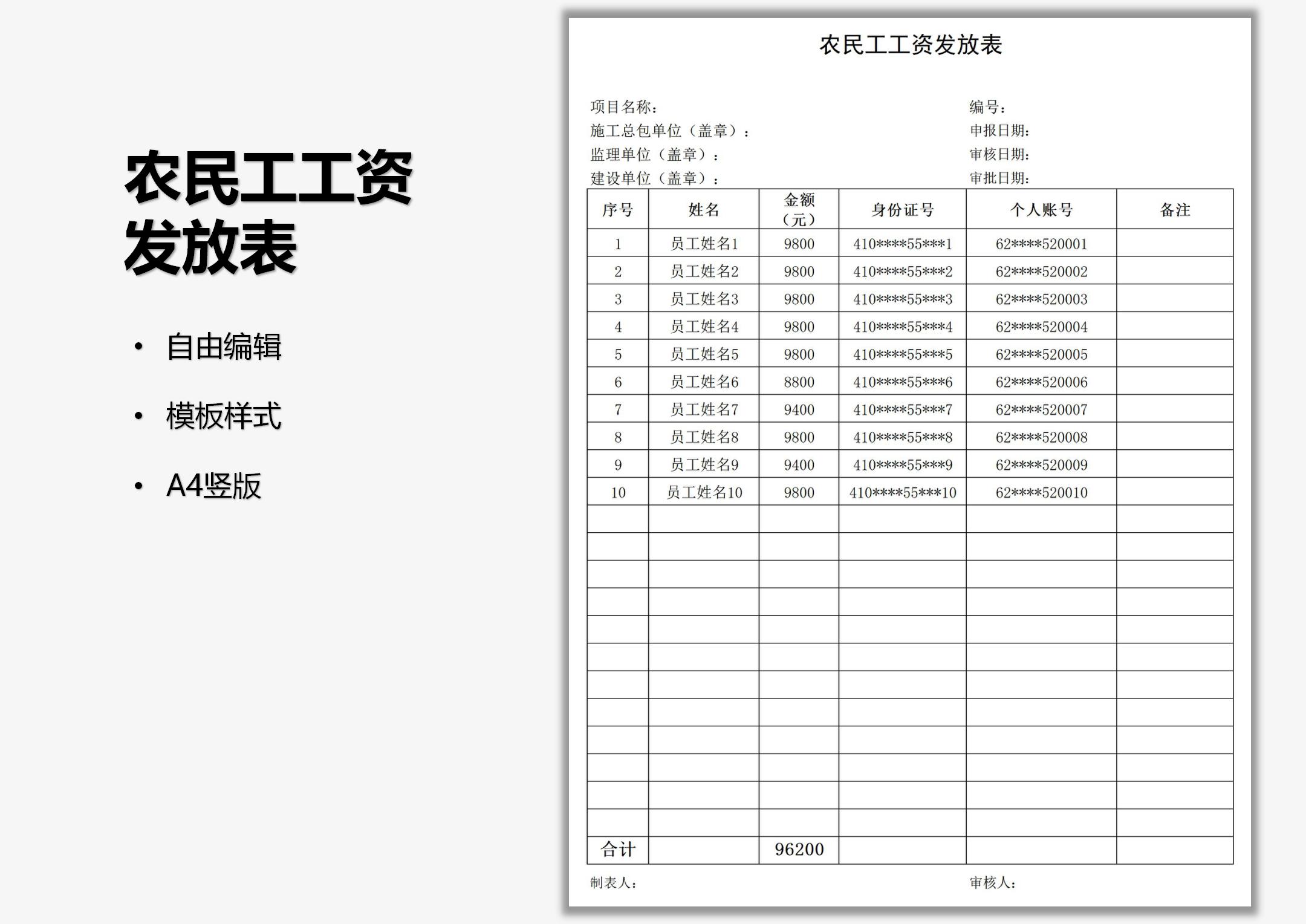 excel模板-农民工工资发放表