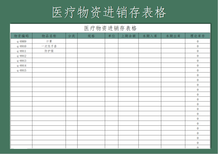 excel模板-医疗物资进销存登记表