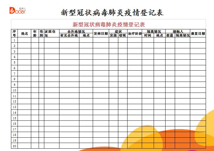 excel模板-新型冠状病毒肺炎疫情登记表