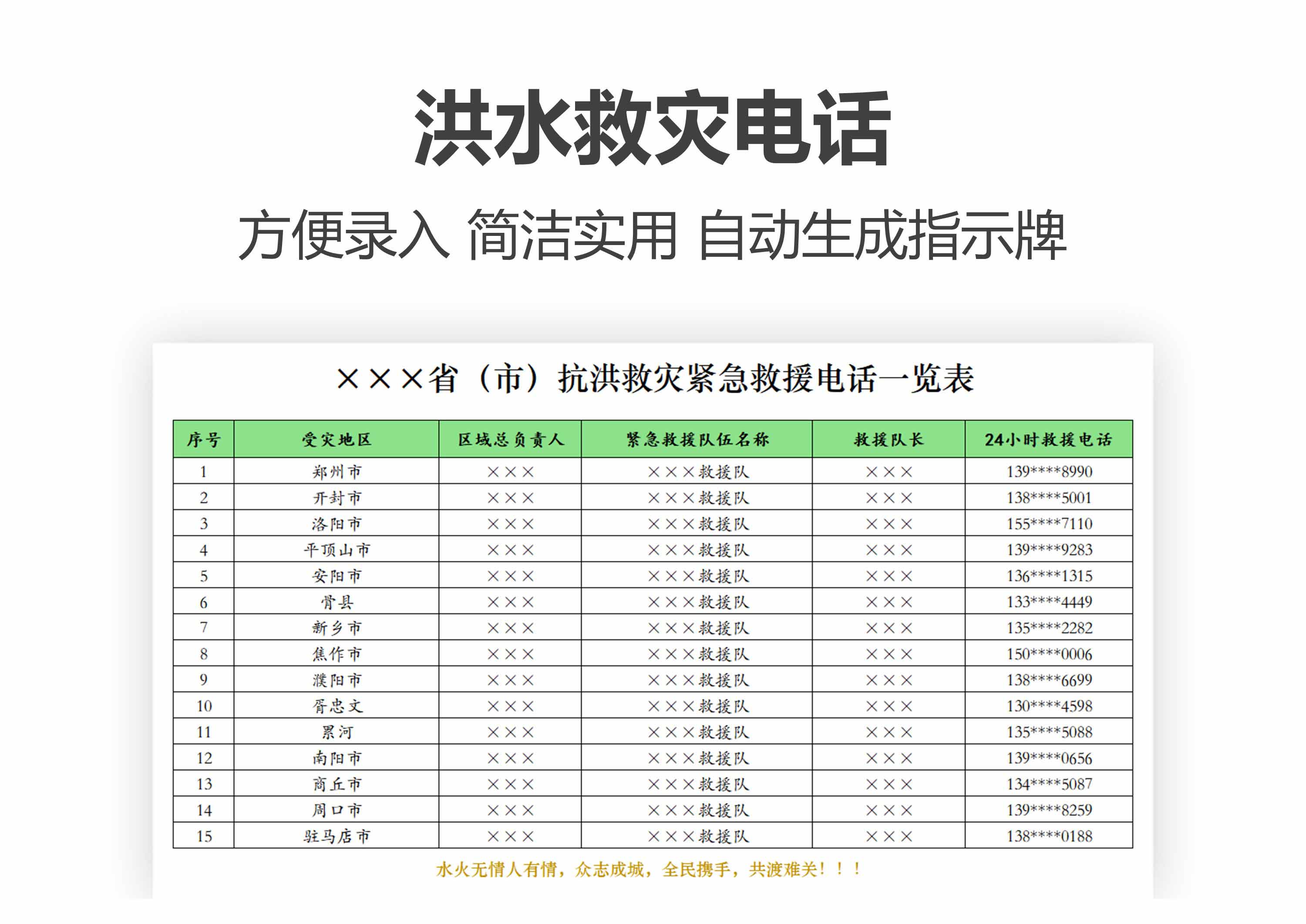 excel模板-防洪防汛救援电话