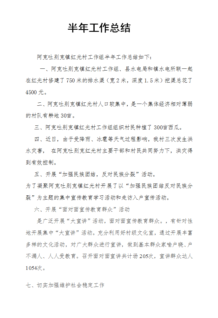 word模板-村官半年工作总结