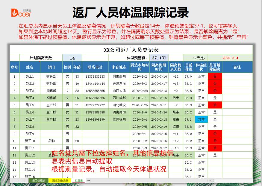 excel模板-外来人员体温测量及隔离记录自动