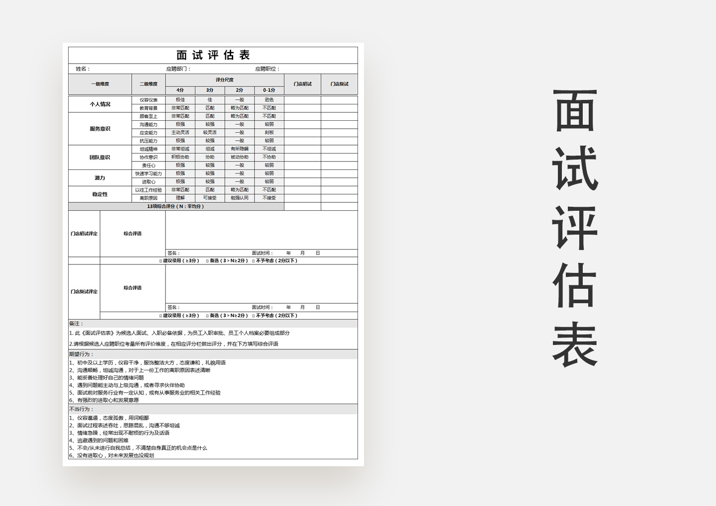 excel模板-门店面试评估表