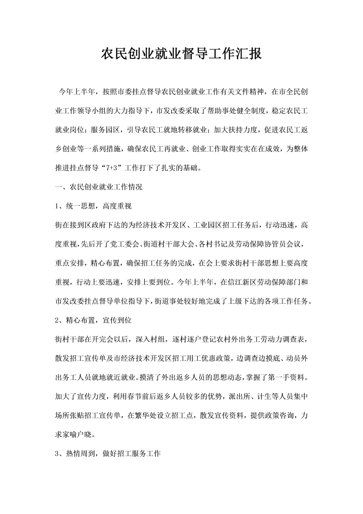 word模板-农民创业就业督导工作汇报