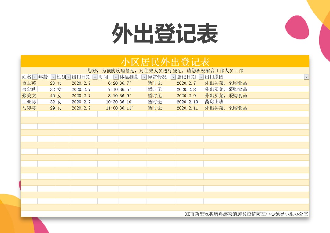 excel模板-预防新型病毒小区居民外出登记表