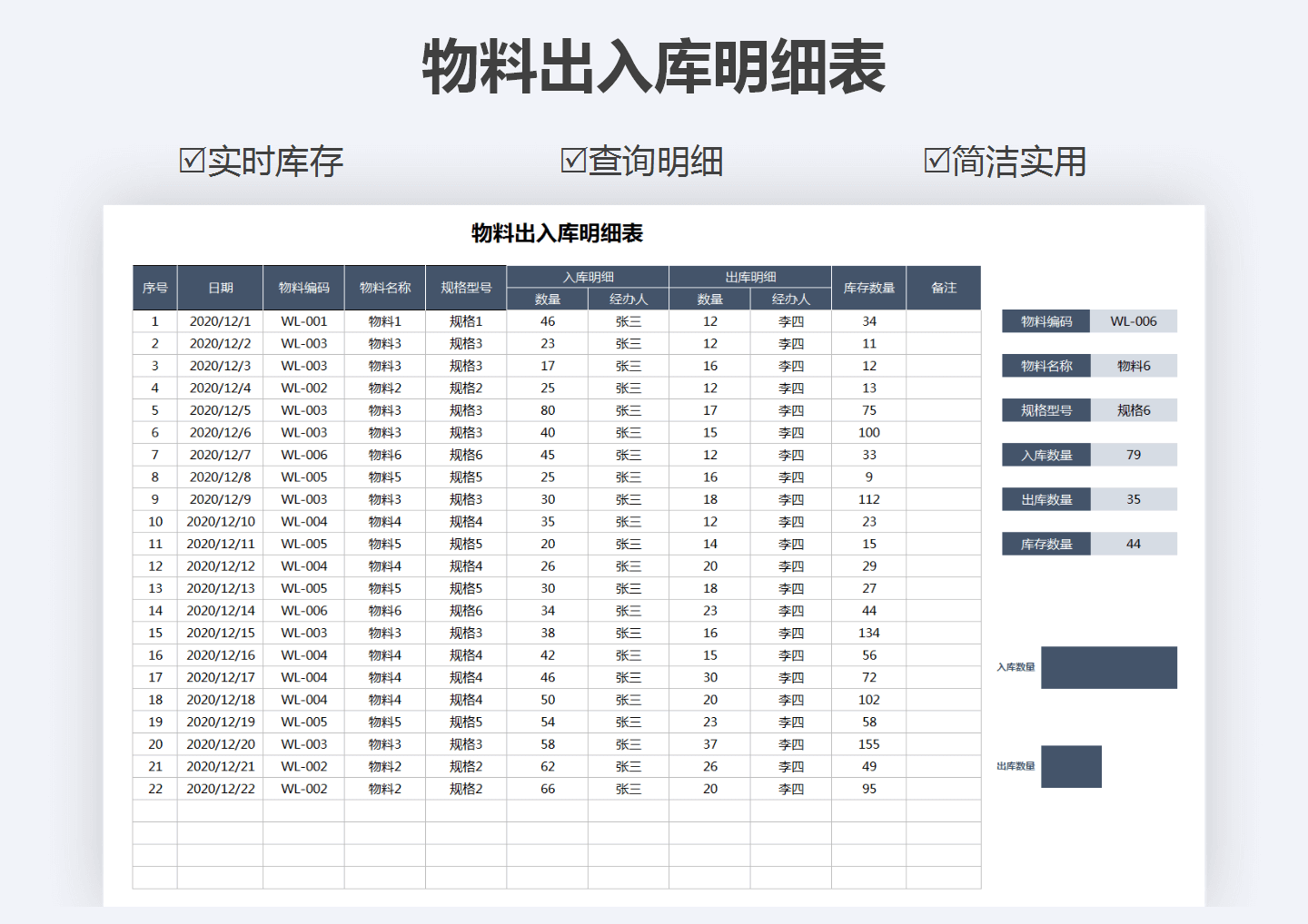excel模板-物料出入库明细表（实时库存）