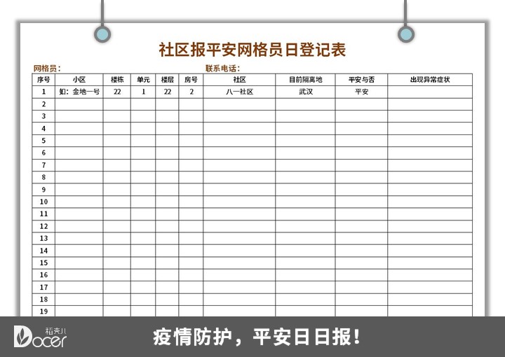 excel模板-社区报平安网格员日登记表
