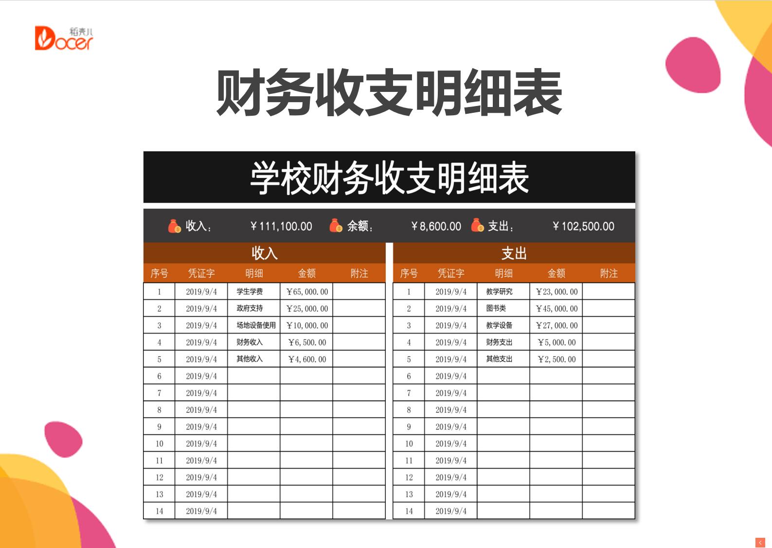 excel模板-学校财务收支明细表