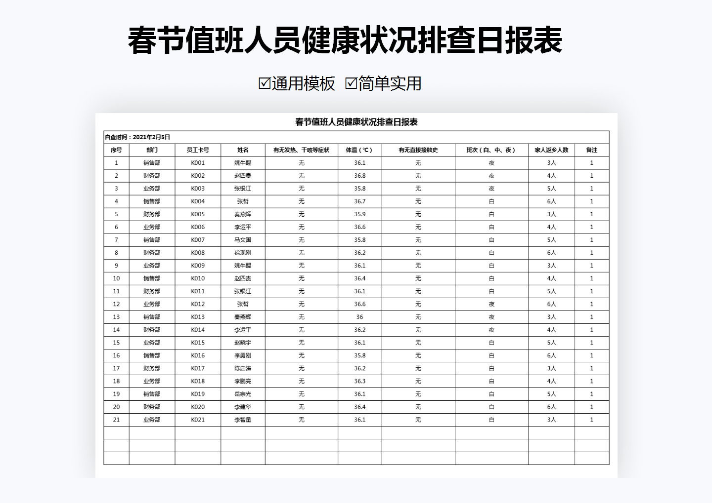 excel模板-春节值班人员健康状况排查日报表