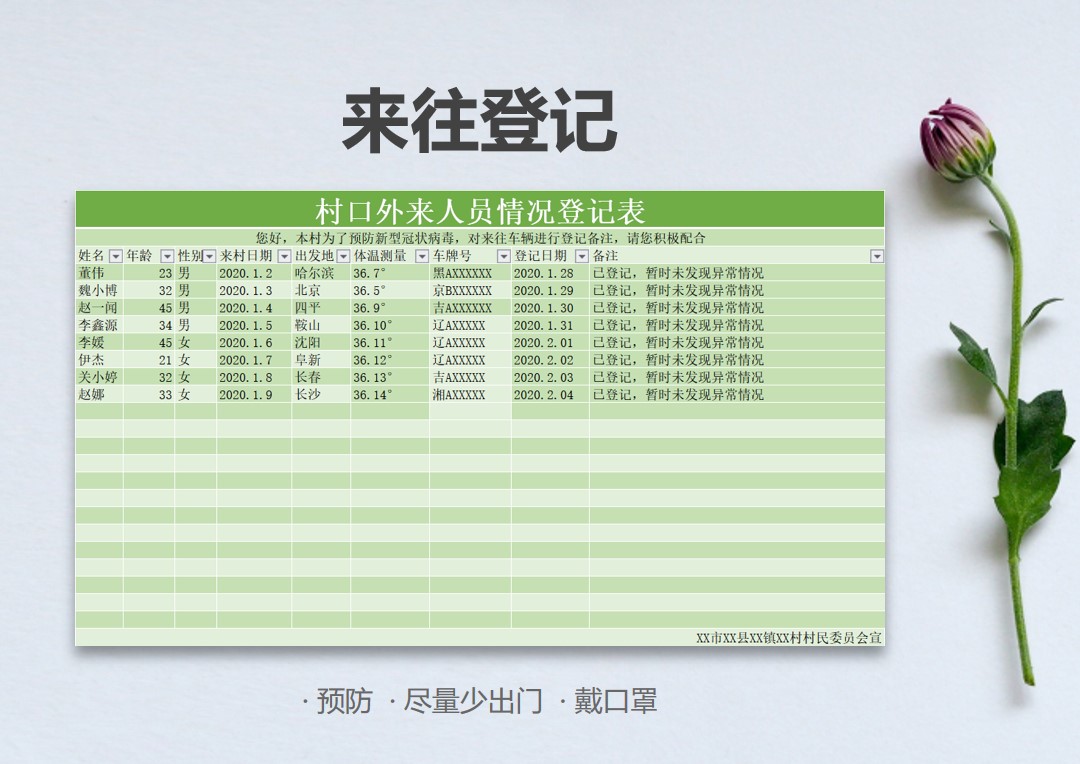 excel模板-新型冠状病毒外来进村人员登记表