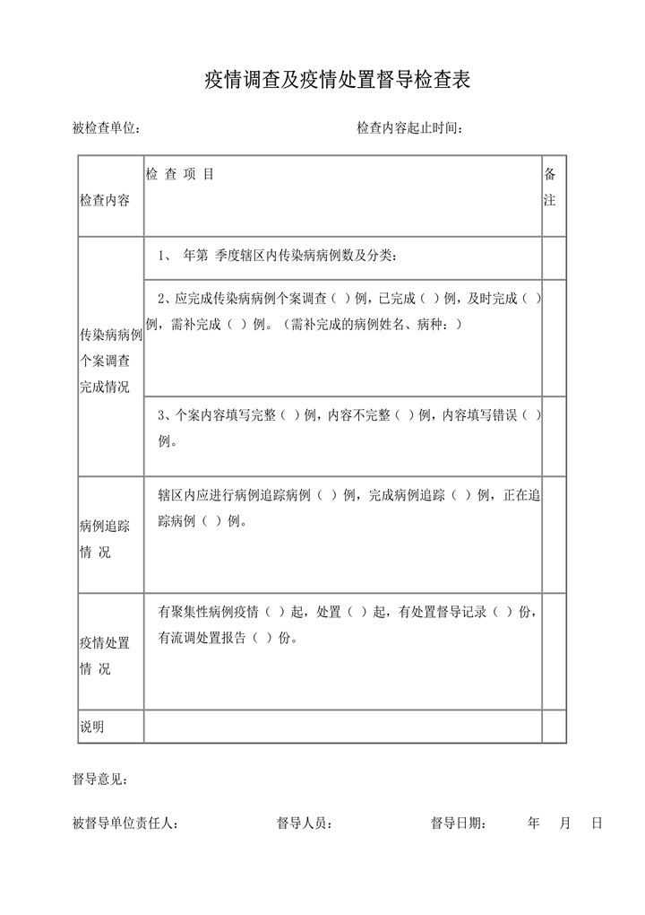word模板-疫情调查及疫情处置督导检查表