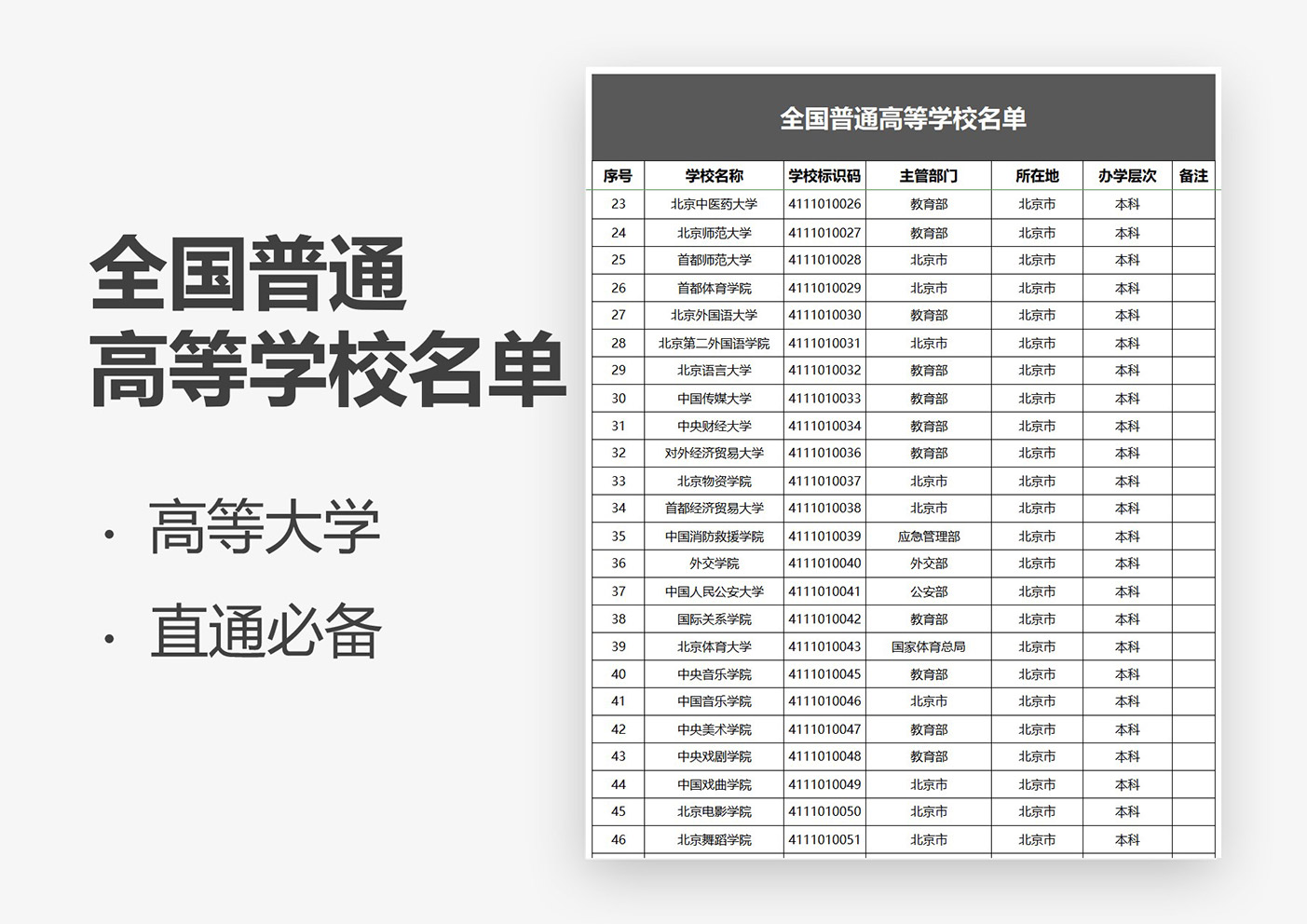 excel模板-全国普通高等学校名单