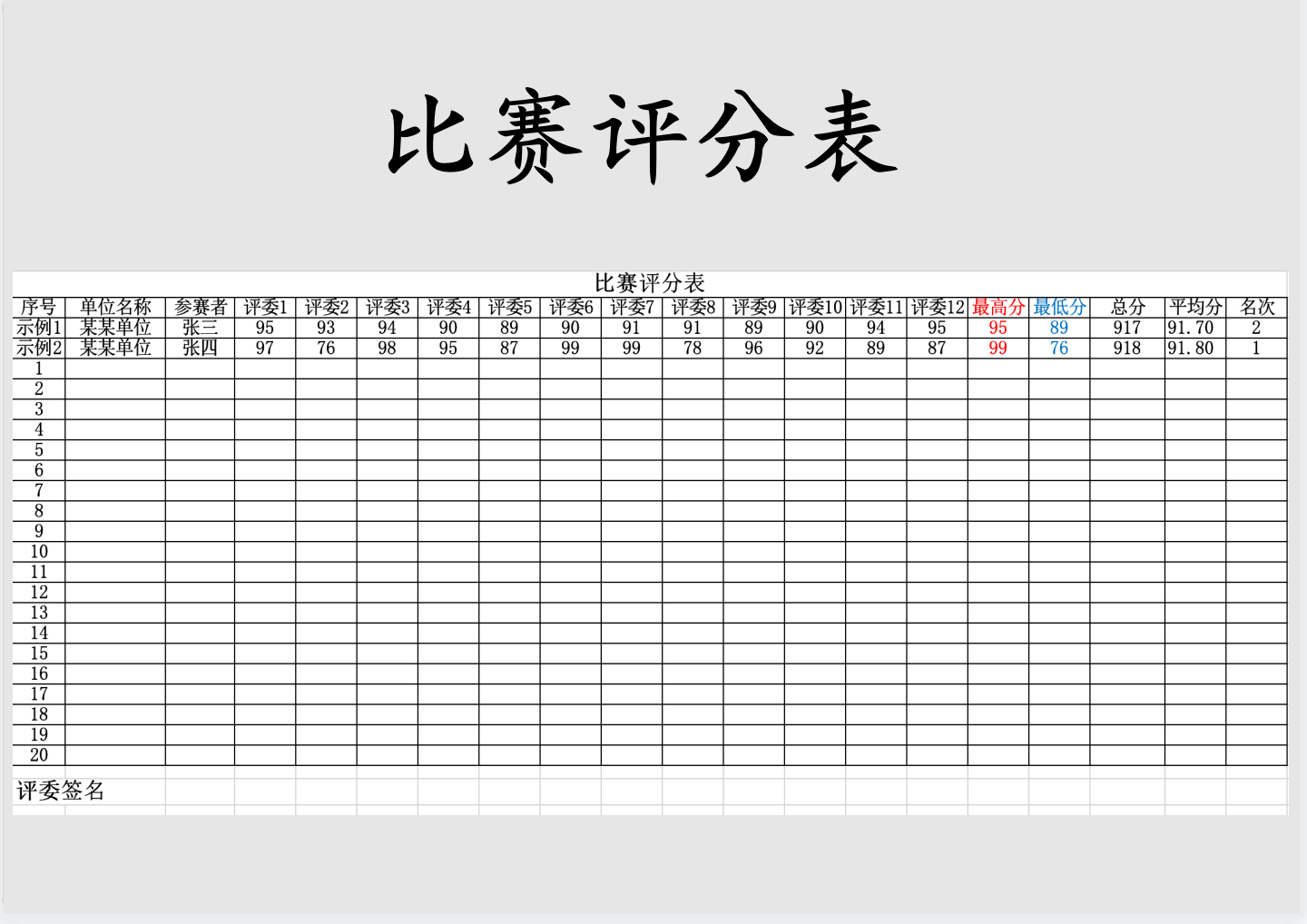 excel模板-比赛评分表