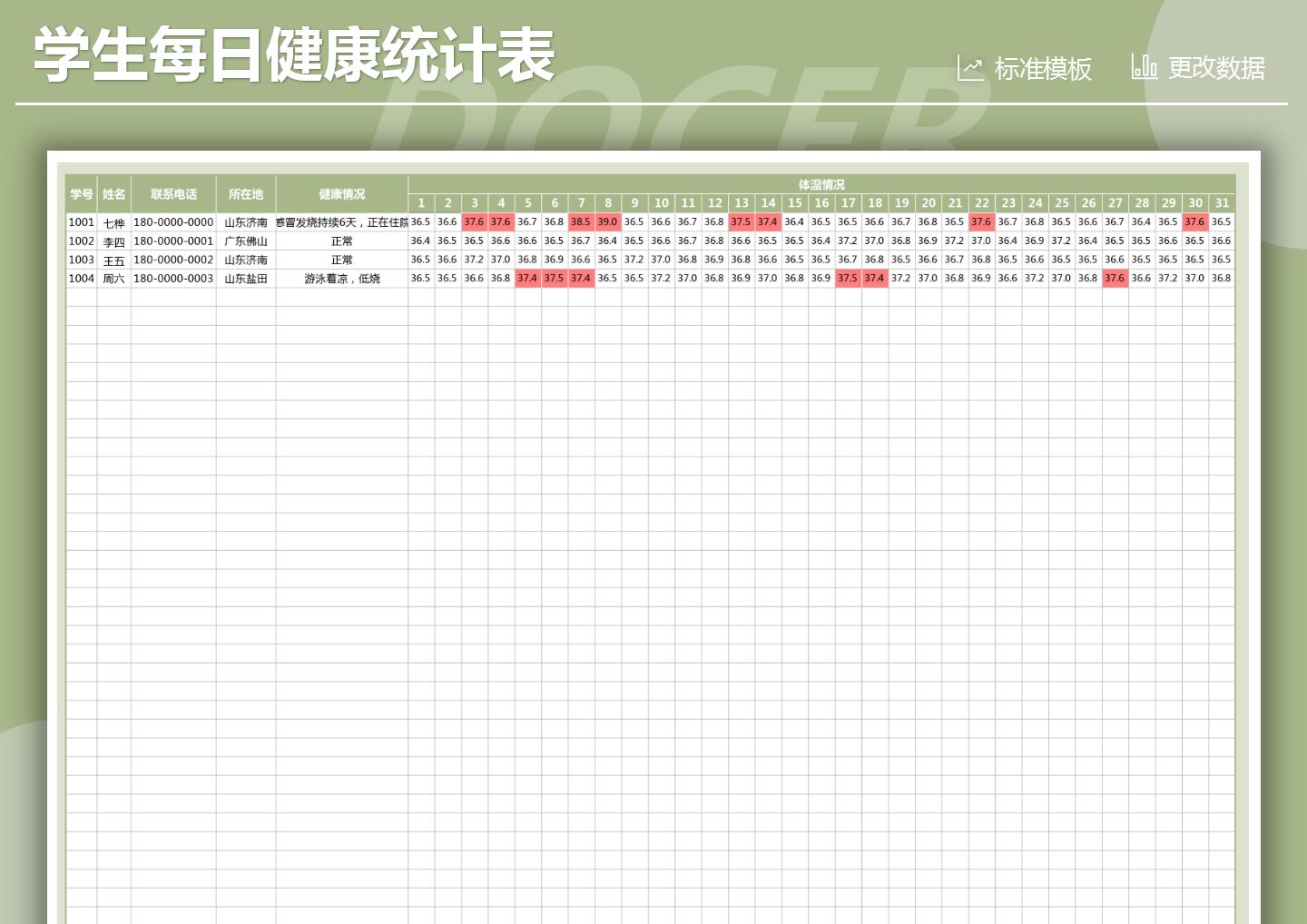 excel模板-学生每日健康统计表