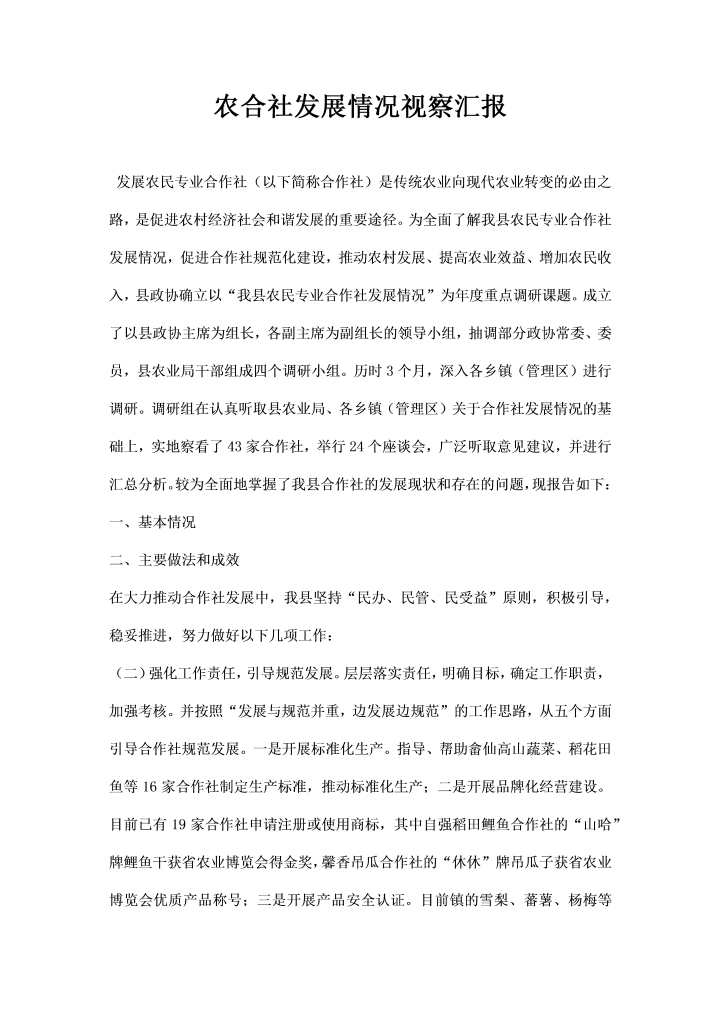 word模板-农合社发展情况视察汇报