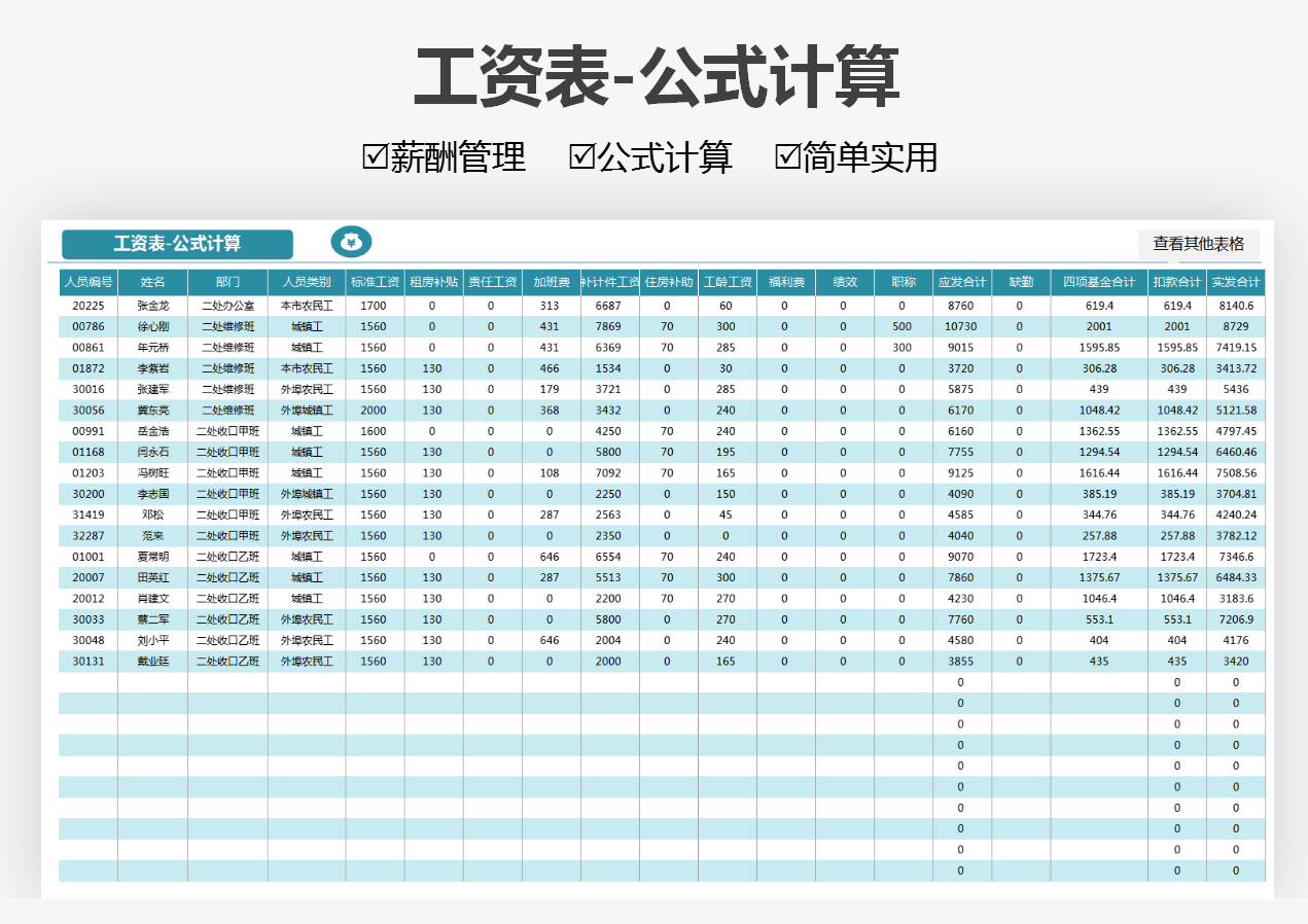 excel模板-工资表-公式计算