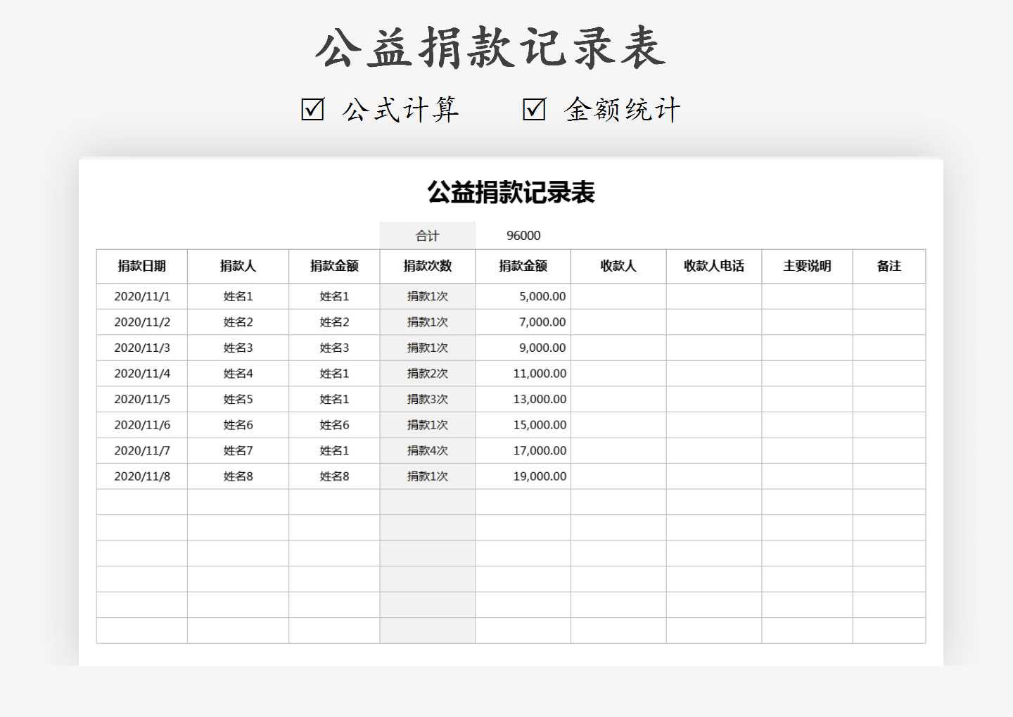 excel模板-公益捐款记录表