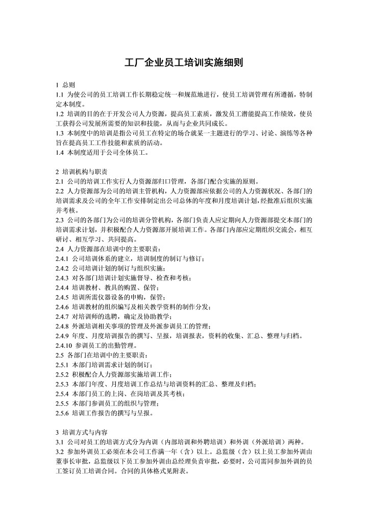 word模板-工厂企业员工培训实施细则