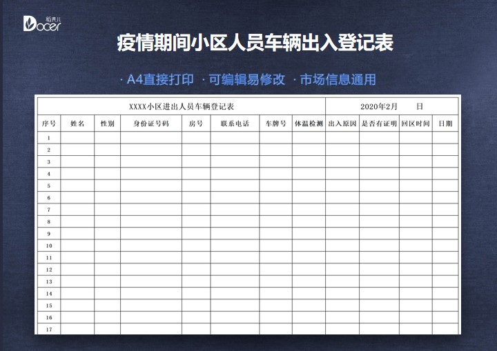 excel模板-疫情期间小区人员车辆出入登记表