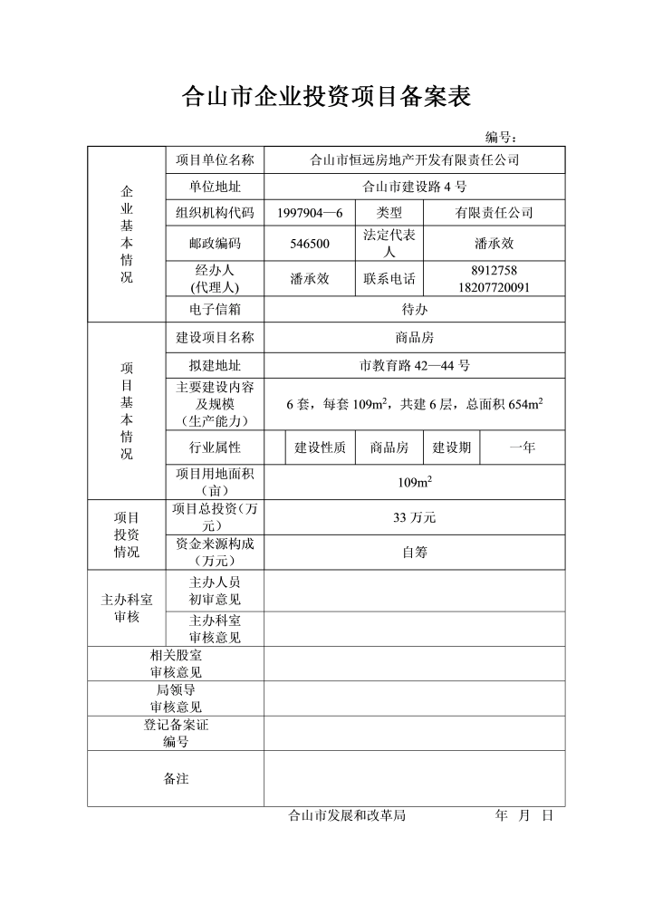 word模板-合山市企业投资项目备案表