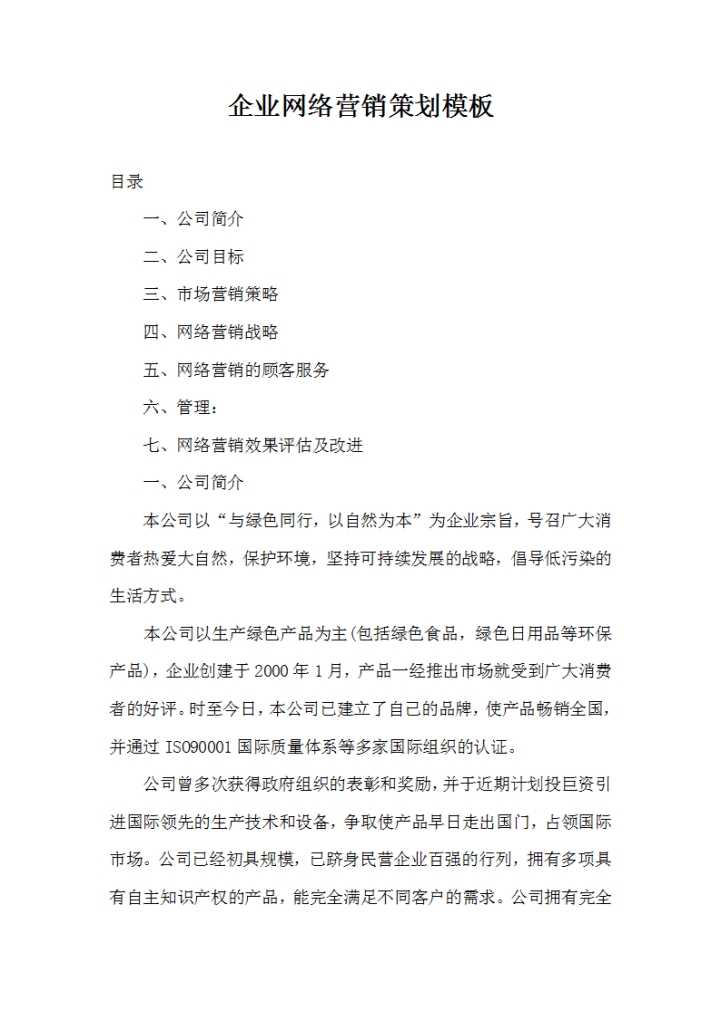 word模板-企业网络营销策划模板