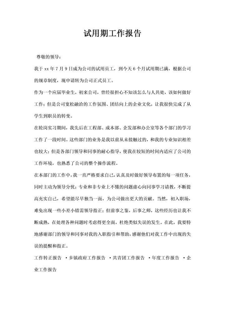 word模板-试用期工作报告