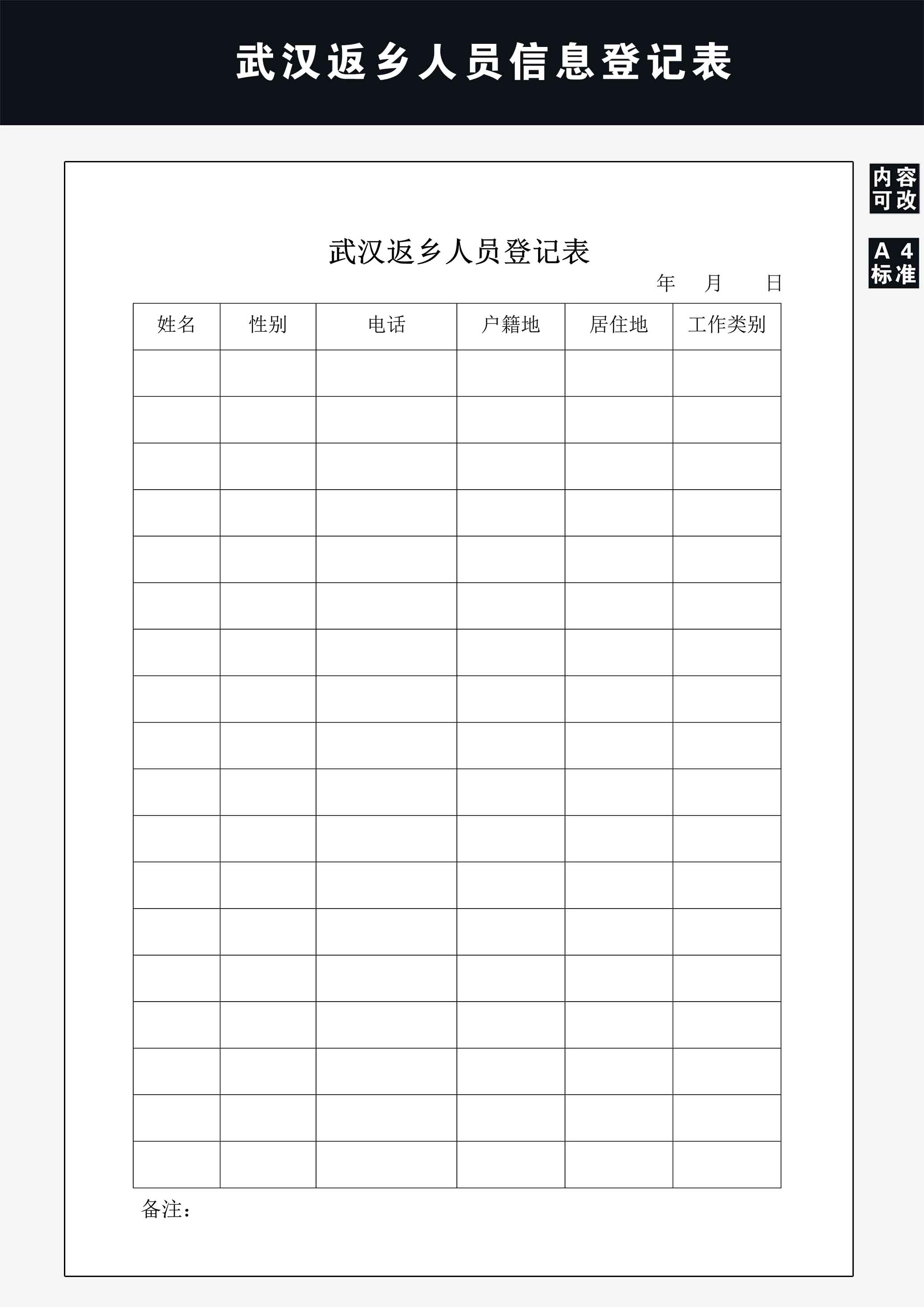 word模板-武汉返乡人员登记表
