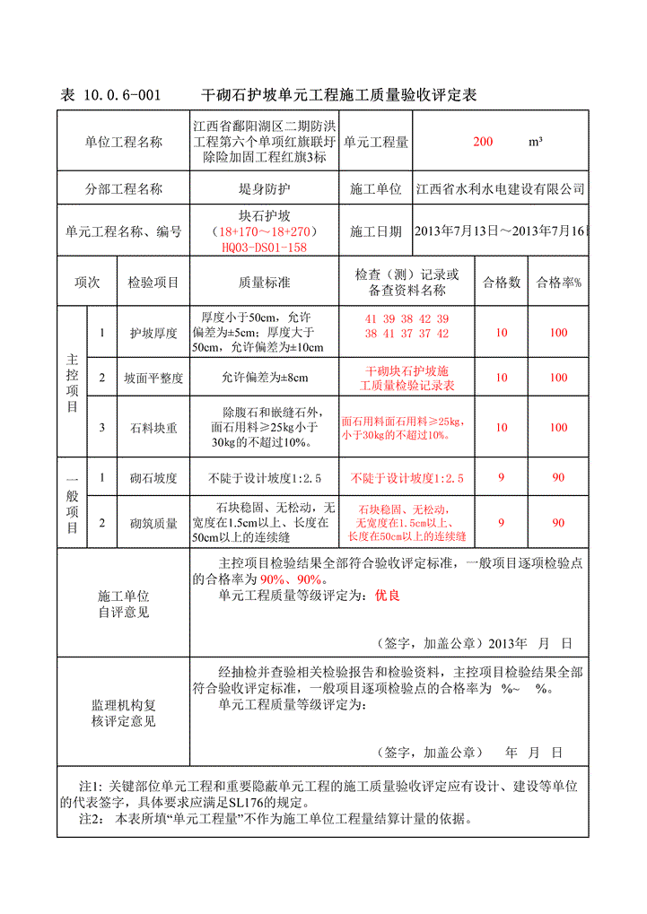 excel模板-干砌石护坡单元工程质量验收评定表