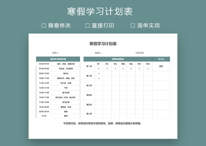 excel模板-学生专用寒假学习计划表