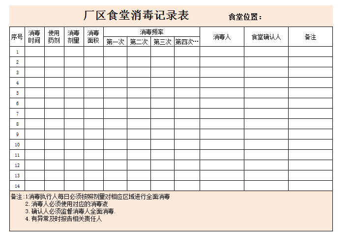 excel模板-厂区食堂消毒记录表
