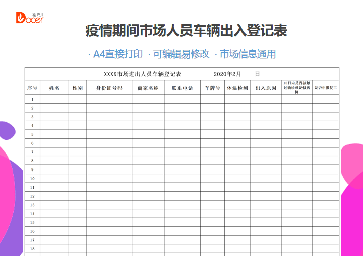 excel模板-疫情期间市场人员车辆出入登记表