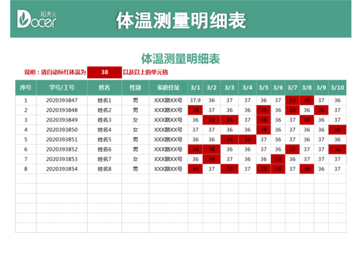 excel模板-体温测量明细表（标红异常体温）