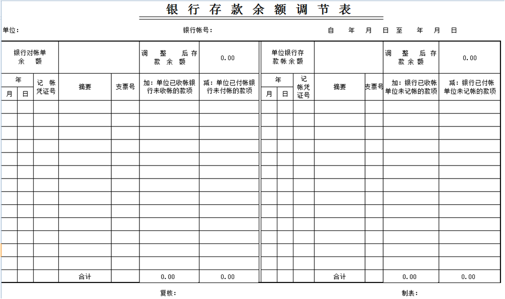 excel模板-银行余额调节表