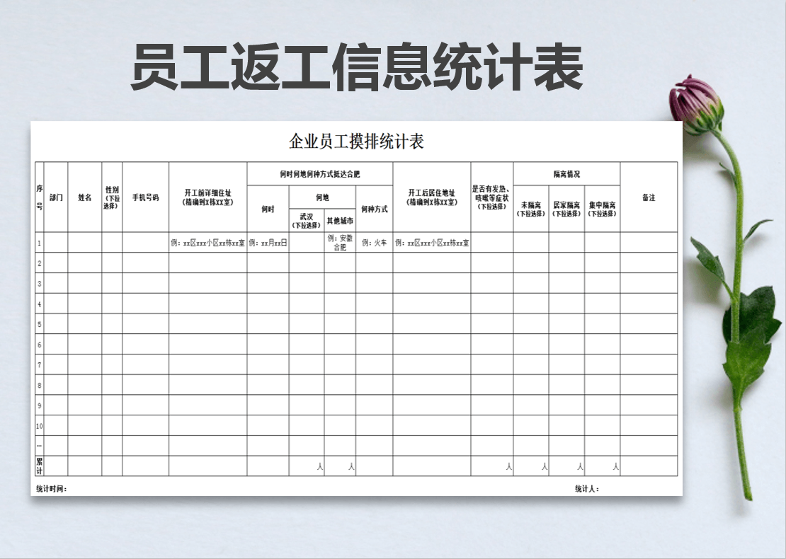 excel模板-员工返工信息疫情统计表