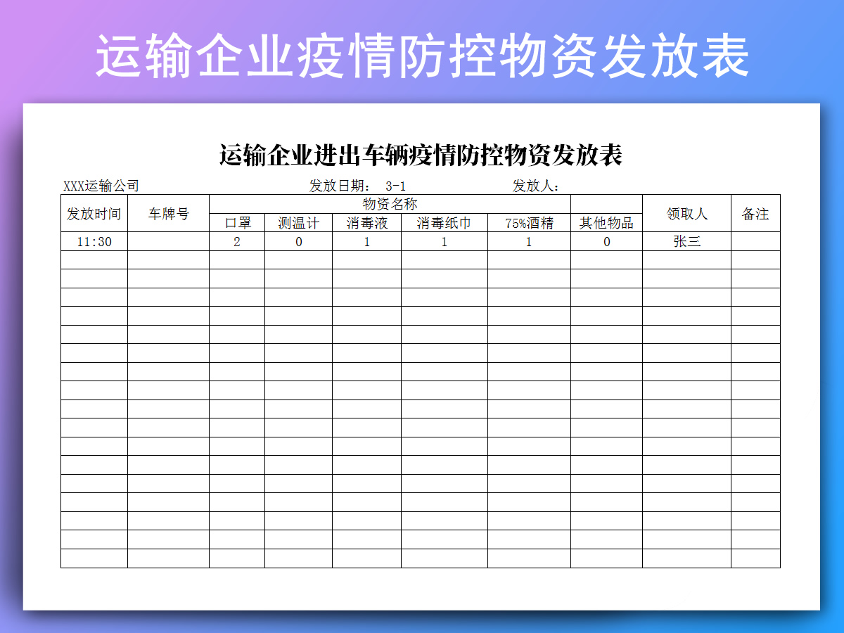 excel模板-企业进出车辆疫情防控物资发放表