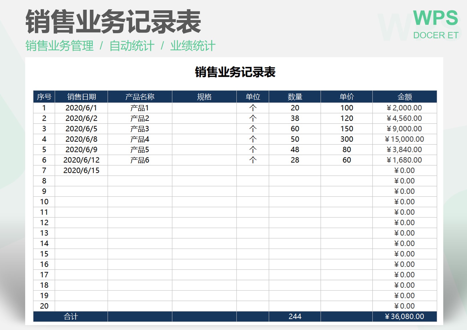 excel模板-销售业务记录表