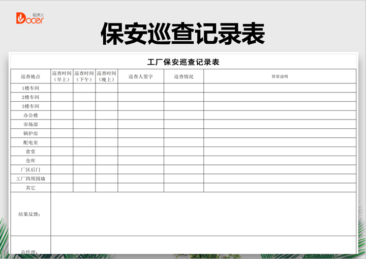 excel模板-工厂保安巡查记录表
