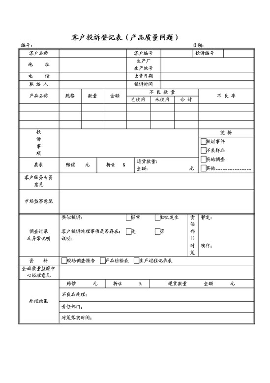 word模板-客户投诉登记表