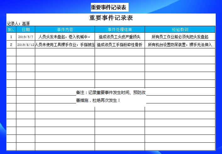 excel模板-重要事件记录表