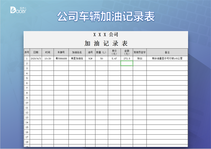 excel模板-公司车辆加油记录表